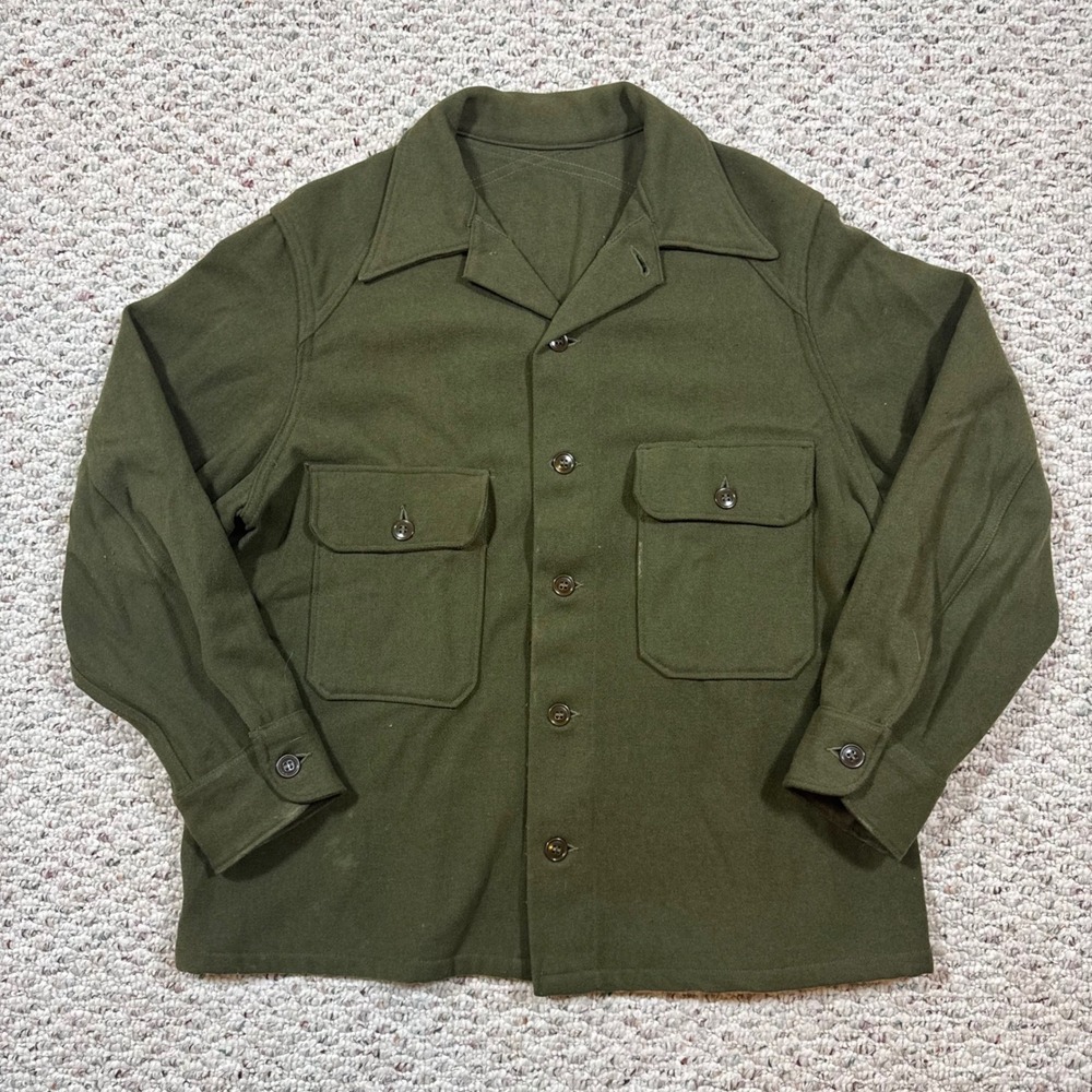 Vintage 50s Military Wool Field Shirt Jacket Olive Drab Green Heavy Duty Men